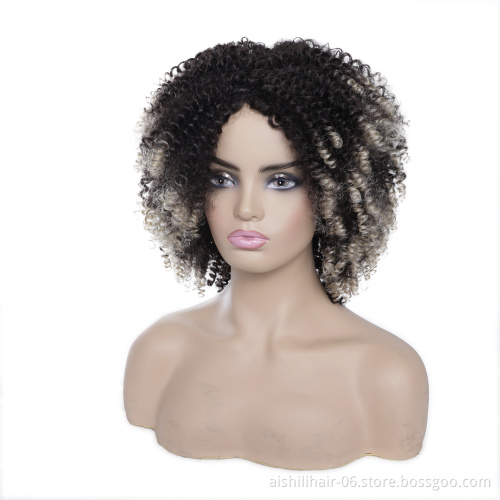 wholesale afro kinky curly ombre dark brown to silvery wig heat resistant synthetic hair wigs for women